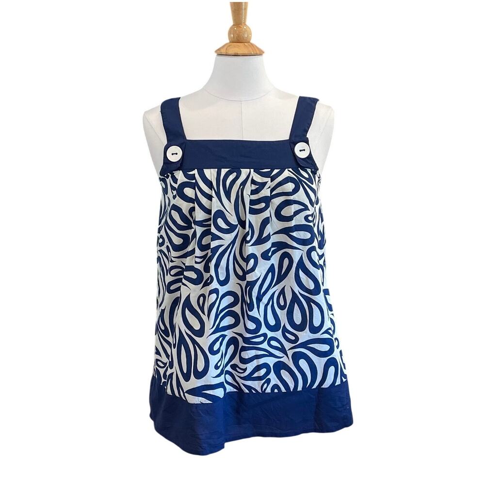 Angie Blue Allover Print Flowy Sleeveless Tank Top, Buttons, Boho, Cottage, M